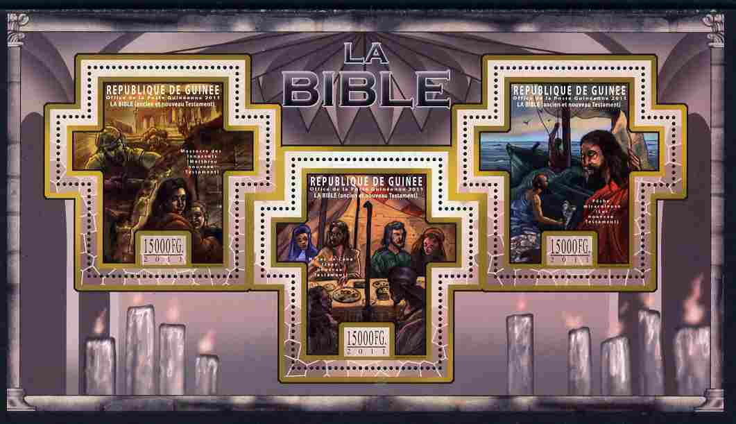 Guinea - Conakry 2011 The Bible #1 perf sheetlet containing 3 Cross shaped values unmounted mint, stamps on religion, stamps on bible, stamps on shaped, stamps on judaism, stamps on judaica