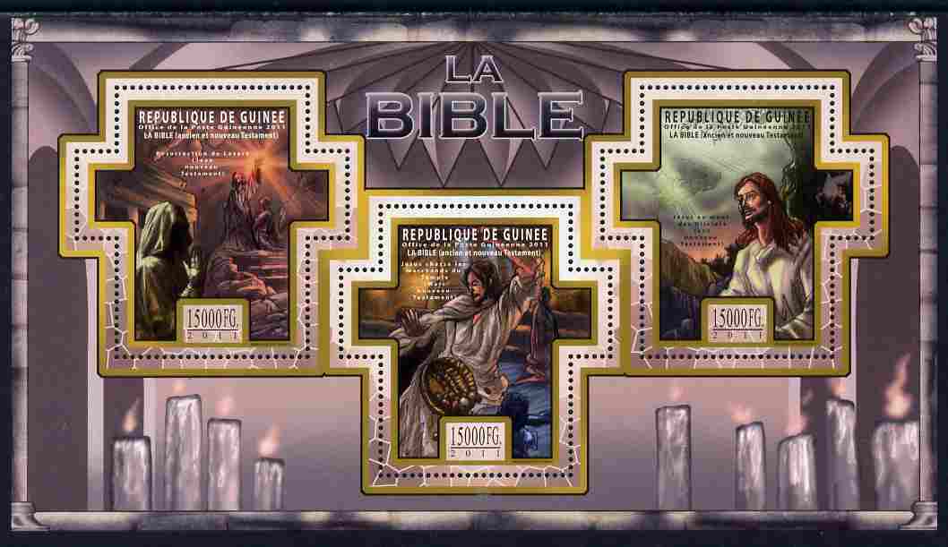 Guinea - Conakry 2011 The Bible #2 perf sheetlet containing 3 Cross shaped values unmounted mint, stamps on , stamps on  stamps on religion, stamps on  stamps on bible, stamps on  stamps on shaped, stamps on  stamps on judaism, stamps on  stamps on judaica