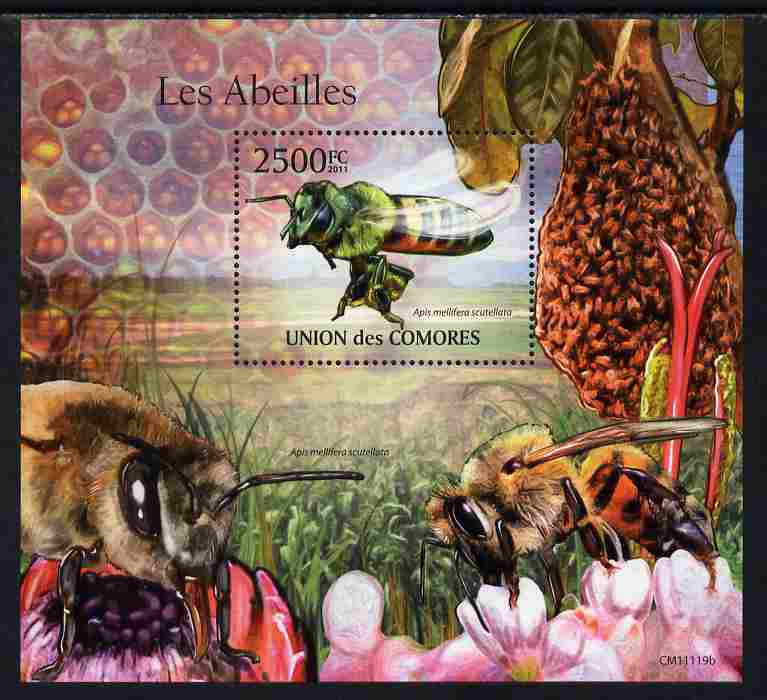 Comoro Islands 2011 Bees perf s/sheet unmounted mint , stamps on bees, stamps on insects, stamps on honey, stamps on flowers