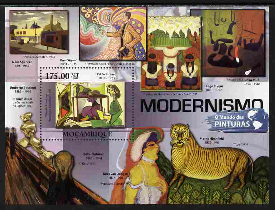 Mozambique 2011 Modernist Paintings perf s/sheet unmounted mint, stamps on arts, stamps on signac, stamps on picasso, stamps on miro