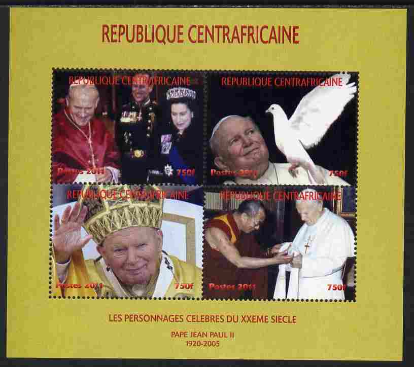Central African Republic 2011 Pope John Paul II #2 perf sheetlet containing 4 values unmounted mint. Note this item is privately produced and is offered purely on its thematic appeal, stamps on personalities, stamps on pope, stamps on popes, stamps on religion, stamps on royalty