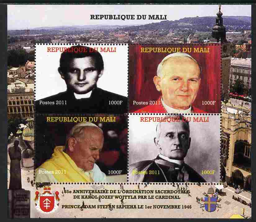 Mali 2011 Pope John Paul II #1 perf sheetlet containing 4 values unmounted mint. Note this item is privately produced and is offered purely on its thematic appeal, stamps on personalities, stamps on pope, stamps on popes, stamps on religion, stamps on 