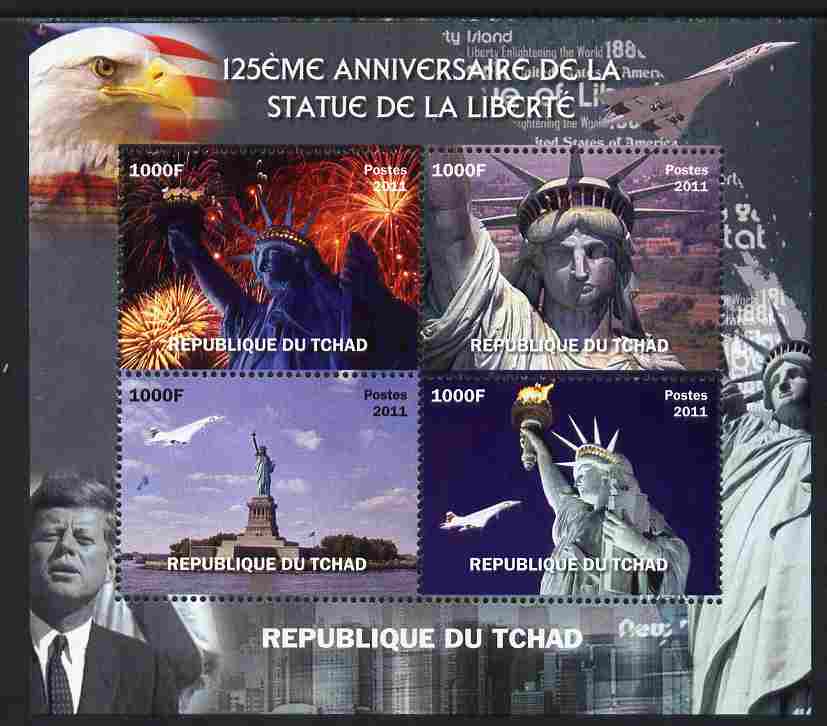 Chad 2011 Statue of Liberty perf sheetlet containing 4 values unmounted mint. Note this item is privately produced and is offered purely on its thematic appeal, stamps on personalities, stamps on kennedy, stamps on usa presidents, stamps on americanastatue of liberty, stamps on concorde, stamps on fireworks, stamps on eagles, stamps on 