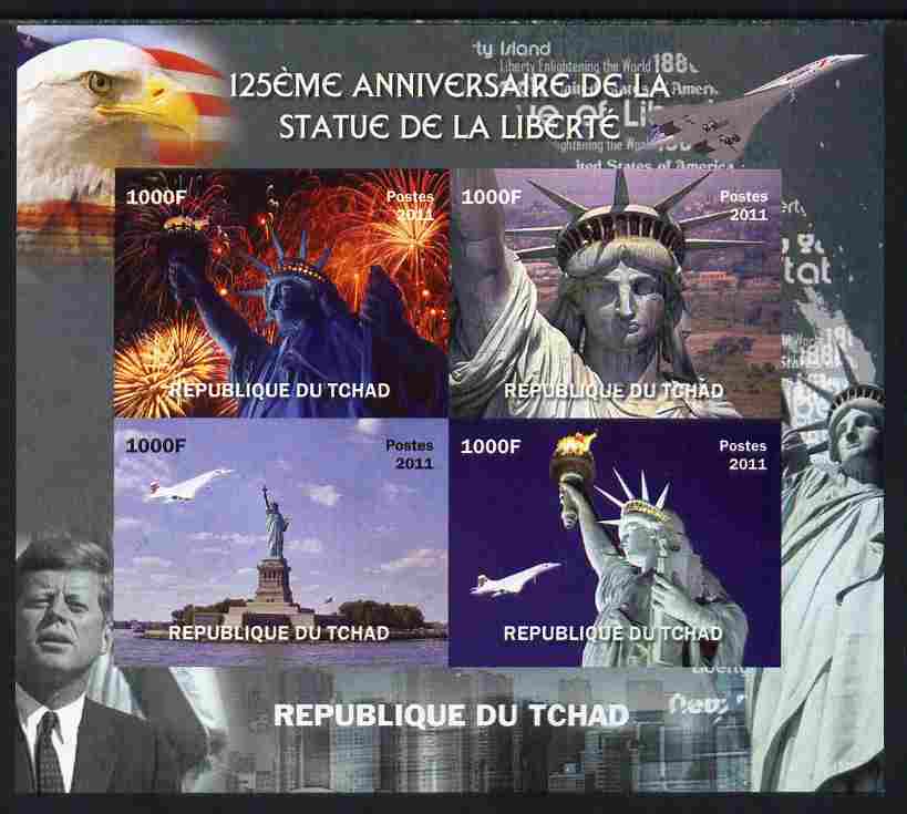 Chad 2011 Statue of Liberty imperf sheetlet containing 4 values unmounted mint. Note this item is privately produced and is offered purely on its thematic appeal, stamps on personalities, stamps on kennedy, stamps on usa presidents, stamps on americanastatue of liberty, stamps on concorde, stamps on fireworks, stamps on eagles, stamps on 