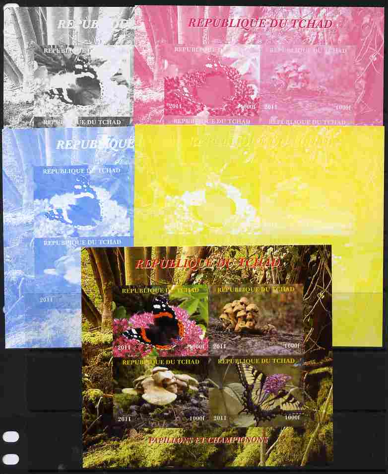Chad 2011 Butterflies & Mushrooms sheetlet containing 4 values - the set of 5 imperf progressive proofs comprising the 4 individual colours plus all 4-colour composite, unmounted mint , stamps on butterflies, stamps on fungi