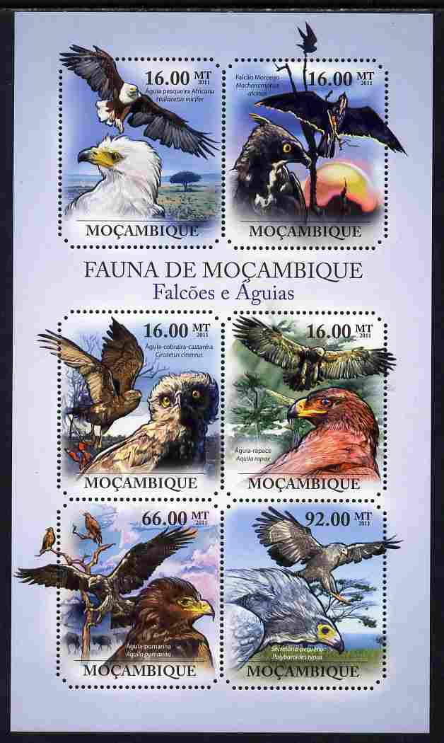 Mozambique 2011 Hawks & Eagles perf sheetlet containing 6 octagonal shaped values unmounted mint, stamps on shaped, stamps on birds, stamps on birds of prey, stamps on hawks, stamps on eagles