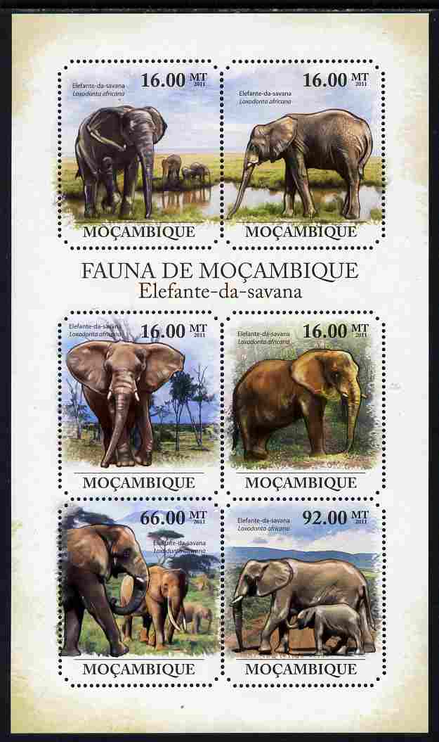Mozambique 2011 Elephants perf sheetlet containing 6 octagonal shaped values unmounted mint, stamps on shaped, stamps on animals, stamps on elephants