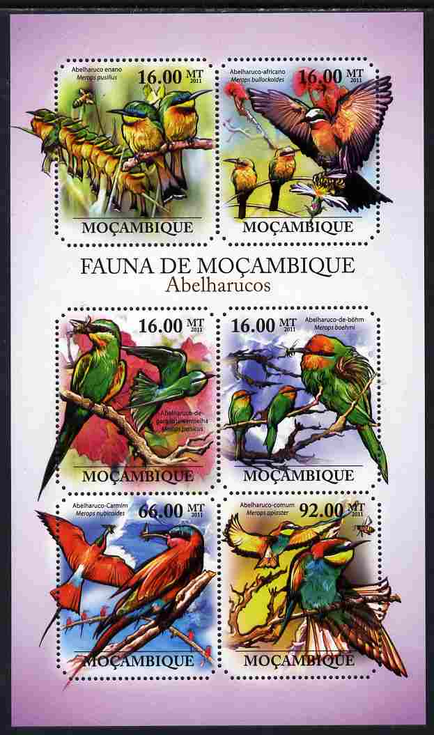 Mozambique 2011 Bee Eaters perf sheetlet containing 6 octagonal shaped values unmounted mint, stamps on shaped, stamps on birds, stamps on bee eaters, stamps on bees