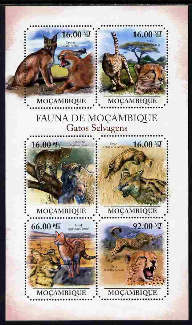 Mozambique 2011 Wild Cats perf sheetlet containing 6 octagonal shaped values unmounted mint, stamps on shaped, stamps on animals, stamps on cats, stamps on leopards, stamps on 