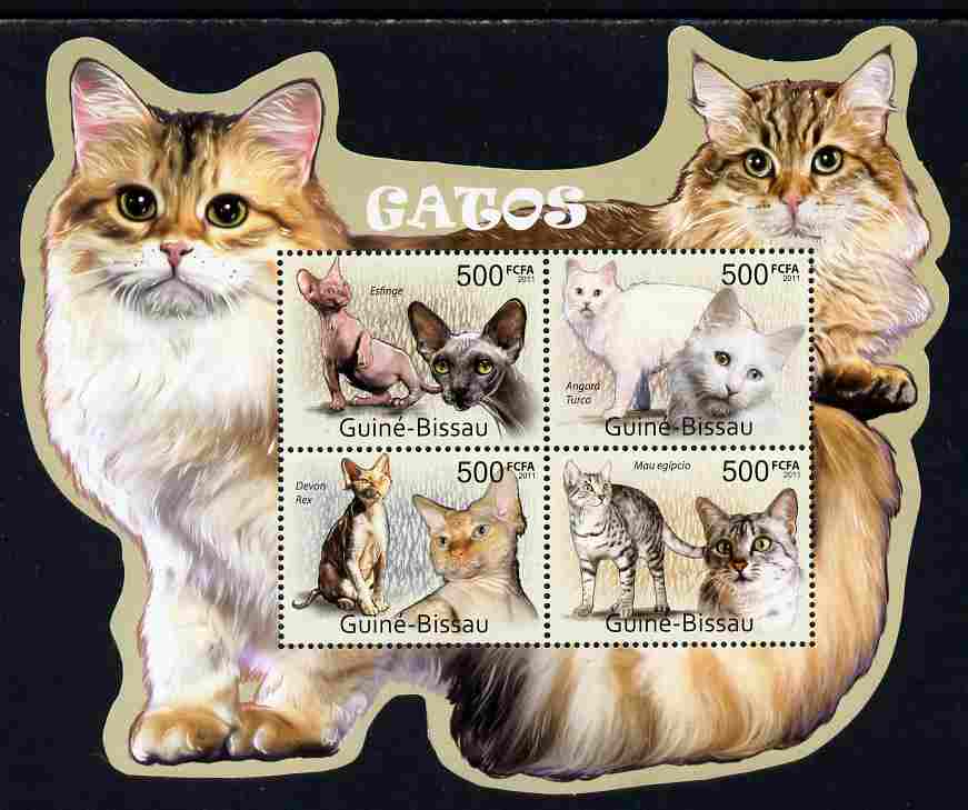 Guinea - Bissau 2011 Cats special shaped perf sheetlet containing 4 values unmounted mint , stamps on , stamps on  stamps on shaped, stamps on  stamps on cats