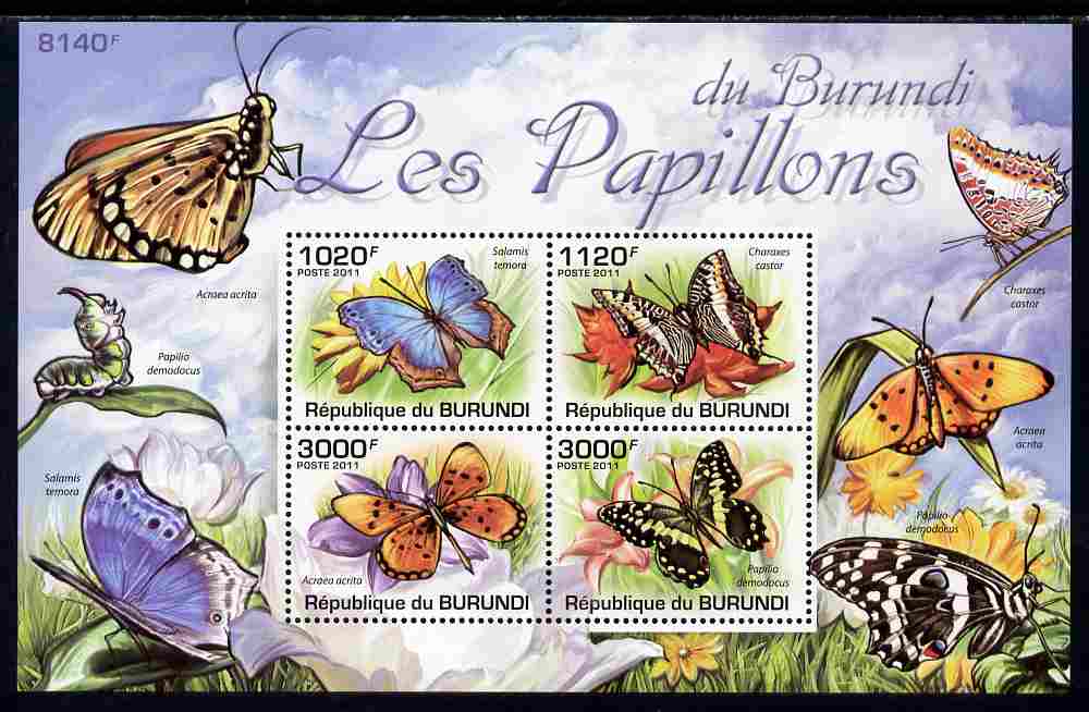 Burundi 2011 Butterflis perf sheetlet containing 4 values unmounted mint , stamps on butterflies
