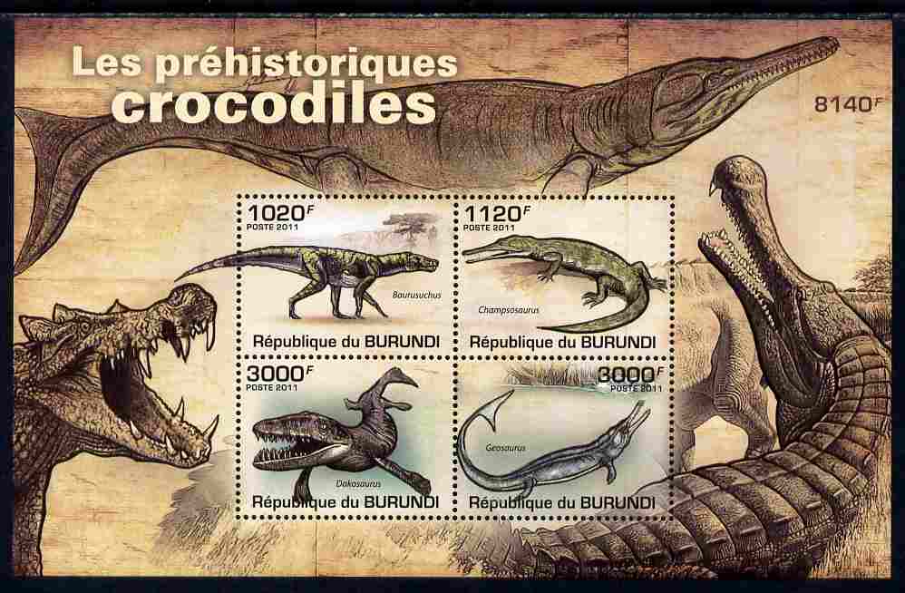 Burundi 2011 Crocodiles perf sheetlet containing 4 values unmounted mint , stamps on animals, stamps on reptiles, stamps on crocodiles