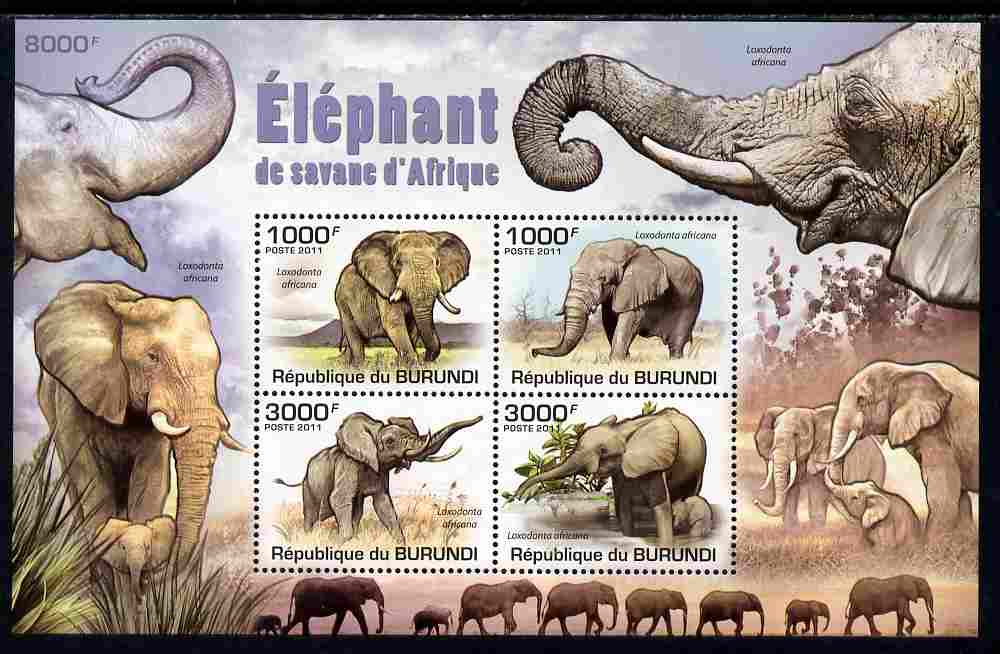 Burundi 2011 Elephants perf sheetlet containing 4 values unmounted mint , stamps on animals, stamps on elephants