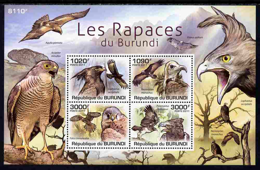 Burundi 2011 Birds of Prey perf sheetlet containing 4 values unmounted mint , stamps on , stamps on  stamps on birds, stamps on  stamps on birds of prey