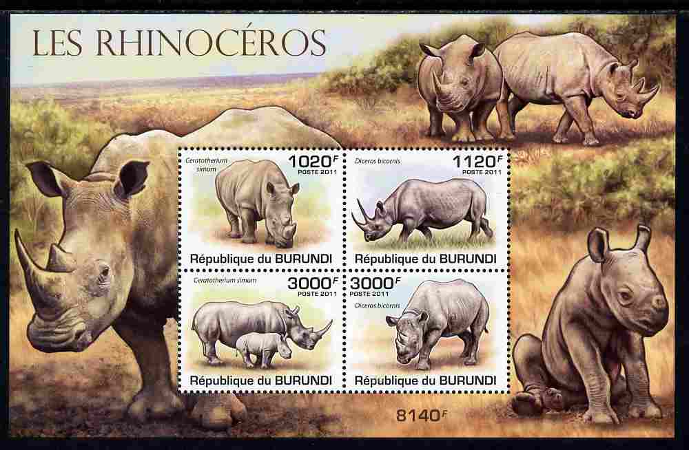 Burundi 2011 Rhinos perf sheetlet containing 4 values unmounted mint , stamps on animals, stamps on rhinos