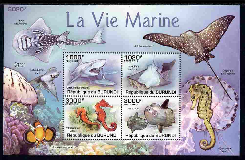 Burundi 2011 Marine Life perf sheetlet containing 4 values unmounted mint , stamps on marine life, stamps on fish, stamps on sharks, stamps on coral