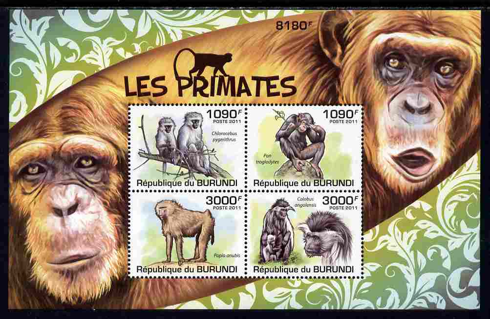 Burundi 2011 Primates perf sheetlet containing 4 values unmounted mint , stamps on animals, stamps on apes
