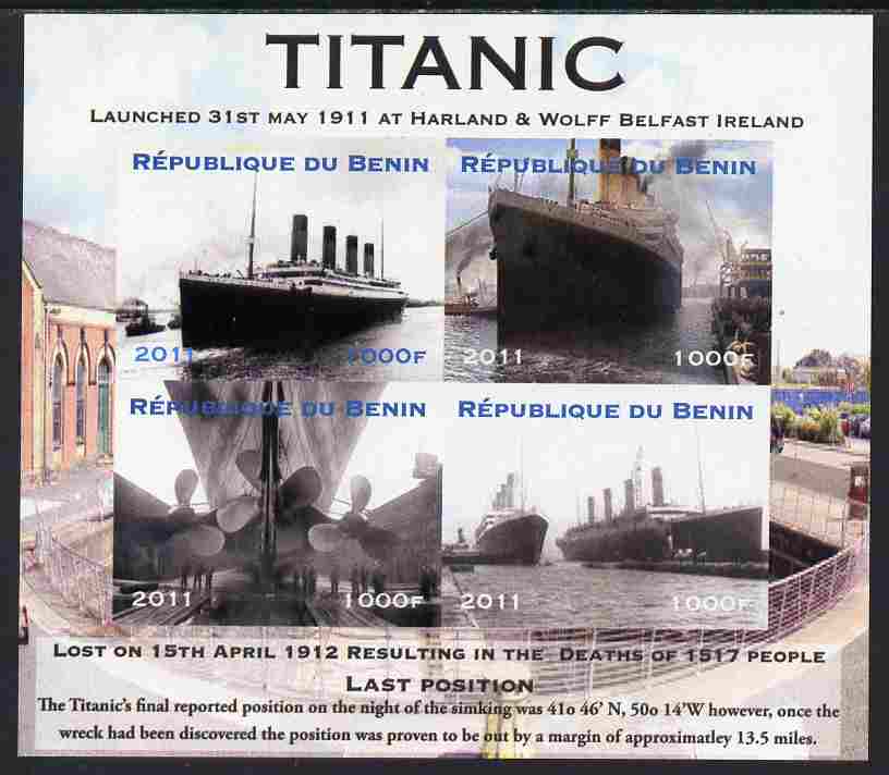 Benin 2011 Titanic #2 imperf sheetlet containing 4 values unmounted mint. Note this item is privately produced and is offered purely on its thematic appeal, stamps on ships, stamps on titanic, stamps on disasters