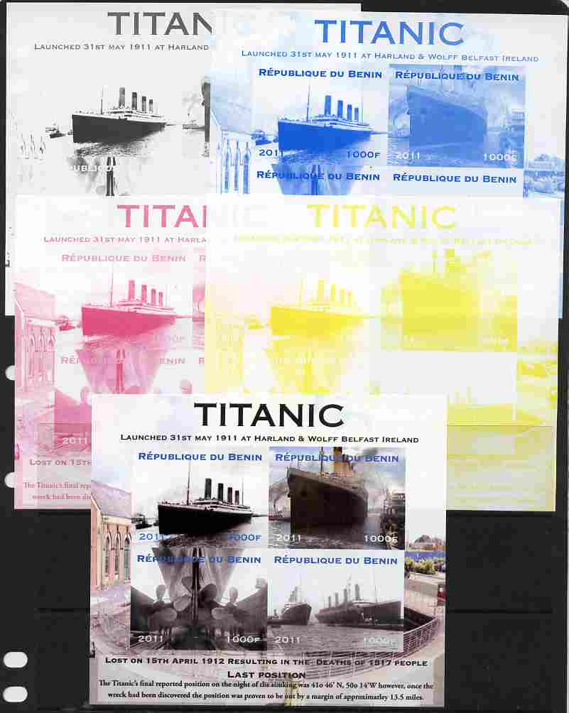 Benin 2011 Titanic #2 sheetlet containing 4 values - the set of 5 imperf progressive proofs comprising the 4 individual colours plus all 4-colour composite, unmounted min..., stamps on ships, stamps on titanic, stamps on disasters