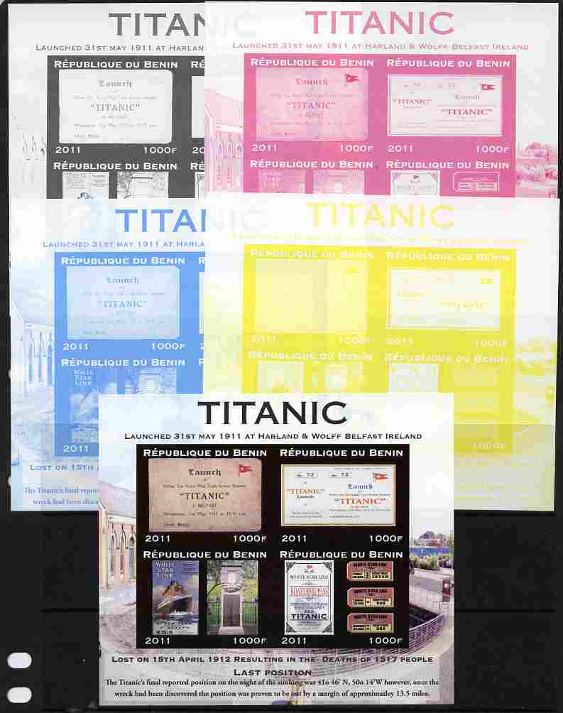 Benin 2011 Titanic #3 sheetlet containing 4 values - the set of 5 imperf progressive proofs comprising the 4 individual colours plus all 4-colour composite, unmounted min..., stamps on ships, stamps on titanic, stamps on disasters