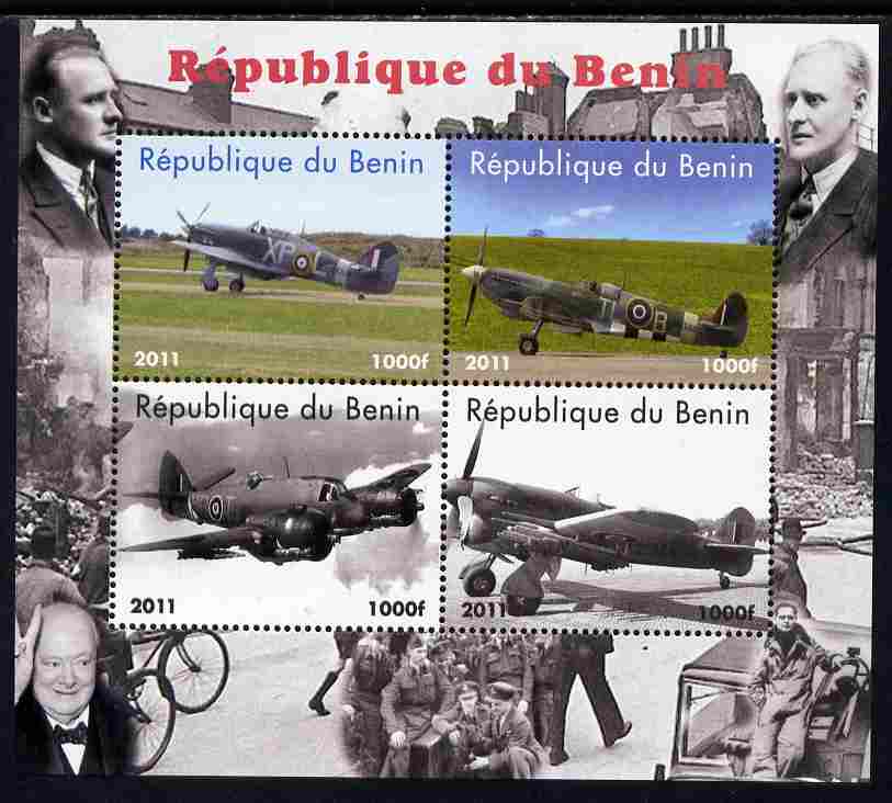Benin 2011 Aircraft of WW2 (Churchill & Spitfires) perf sheetlet containing 4 values unmounted mint. Note this item is privately produced and is offered purely on its thematic appeal, stamps on aviation, stamps on churchill, stamps on  ww2 , stamps on spitfire, stamps on bicycles