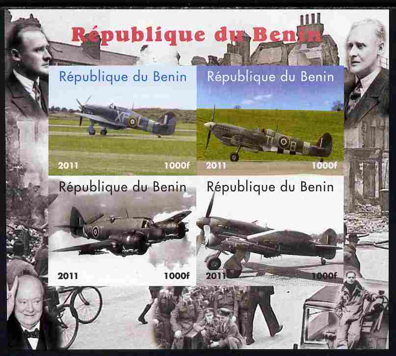 Benin 2011 Aircraft of WW2 (Churchill & Spitfires) imperf sheetlet containing 4 values unmounted mint. Note this item is privately produced and is offered purely on its thematic appeal, stamps on aviation, stamps on churchill, stamps on  ww2 , stamps on spitfire, stamps on bicycles
