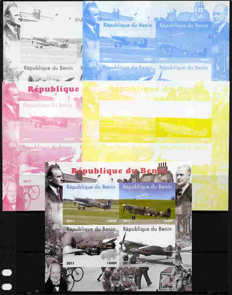 Benin 2011 Aircraft of WW2 (Churchill & Spitfires) sheetlet containing 4 values - the set of 5 imperf progressive proofs comprising the 4 individual colours plus all 4-colour composite, unmounted mint, stamps on aviation, stamps on churchill, stamps on  ww2 , stamps on spitfire, stamps on bicycles