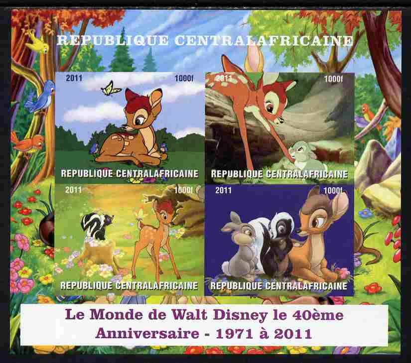Central African Republic 2011 40th Anniversary of Walt Disney - Bambi #1 imperf sheetlet containing 4 values unmounted mint. Note this item is privately produced and is o..., stamps on disney, stamps on cartoons, stamps on movies, stamps on films, stamps on deer