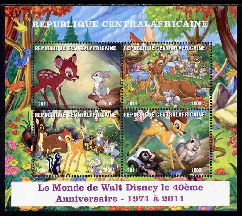 Central African Republic 2011 40th Anniversary of Walt Disney - Bambi #2 perf sheetlet containing 4 values unmounted mint. Note this item is privately produced and is offered purely on its thematic appeal, stamps on disney, stamps on cartoons, stamps on movies, stamps on films, stamps on deer
