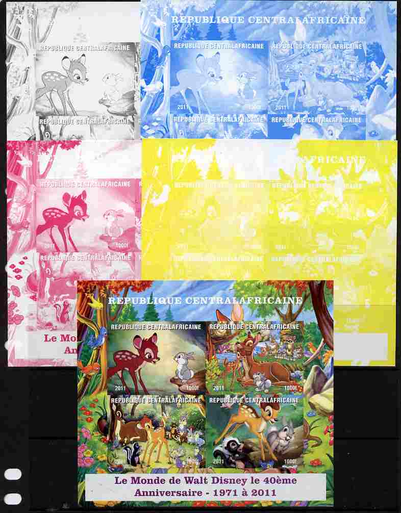 Central African Republic 2011 40th Anniversary of Walt Disney - Bambi #2 sheetlet containing 4 values - the set of 5 imperf progressive proofs comprising the 4 individual..., stamps on disney, stamps on cartoons, stamps on movies, stamps on films, stamps on deer