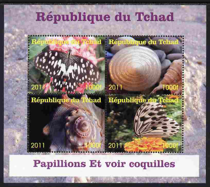 Chad 2011 Shells & Butterflies perf sheetlet containing 4 values unmounted mint. Note this item is privately produced and is offered purely on its thematic appeal, stamps on , stamps on  stamps on shells, stamps on  stamps on marine life, stamps on  stamps on butterflies