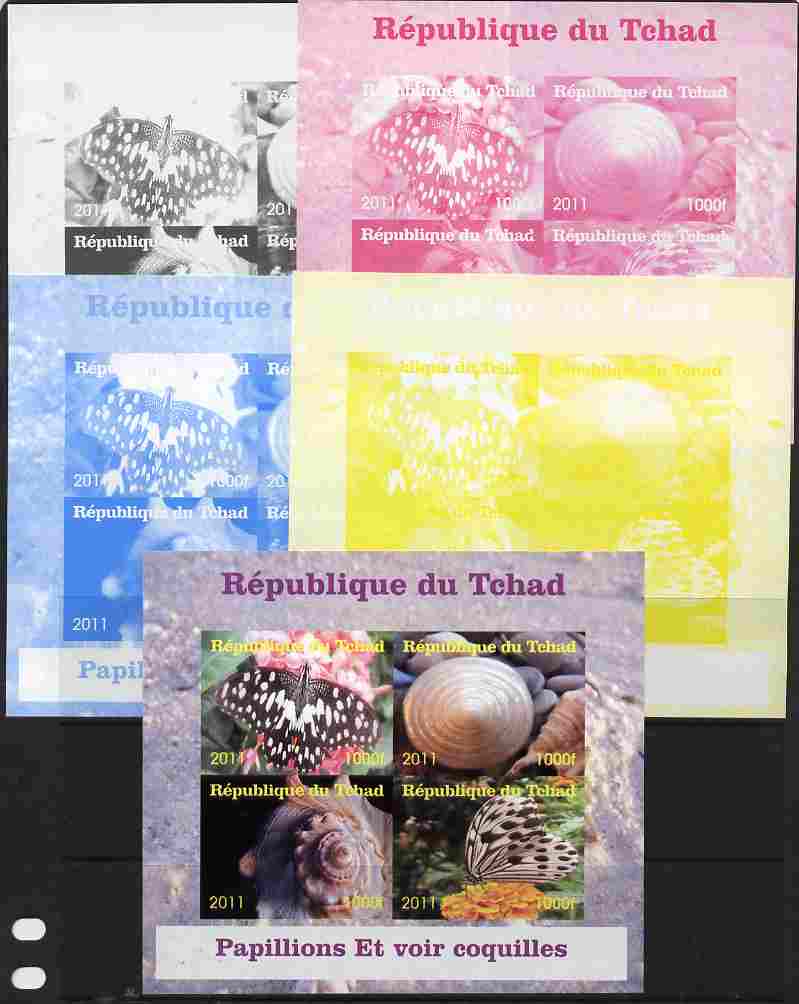 Chad 2011 Shells & Butterflies sheetlet containing 4 values - the set of 5 imperf progressive proofs comprising the 4 individual colours plus all 4-colour composite, unmounted mint, stamps on shells, stamps on marine life, stamps on butterflies