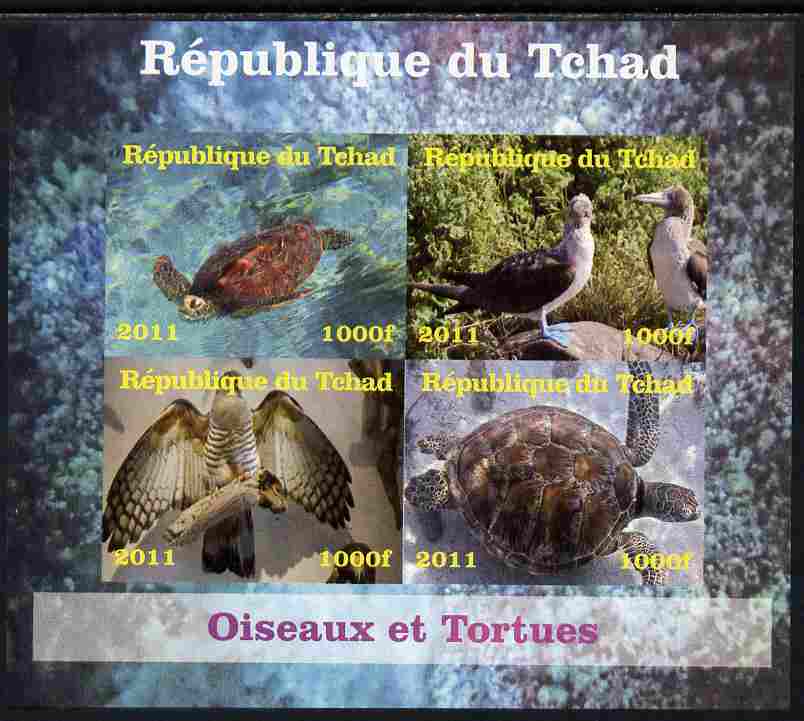 Chad 2011 Birds & Turtles imperf sheetlet containing 4 values unmounted mint. Note this item is privately produced and is offered purely on its thematic appeal, stamps on , stamps on  stamps on birds, stamps on  stamps on turtles, stamps on  stamps on birds of prey