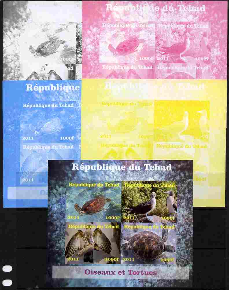 Chad 2011 Birds & Turtles sheetlet containing 4 values - the set of 5 imperf progressive proofs comprising the 4 individual colours plus all 4-colour composite, unmounted mint, stamps on birds, stamps on turtles, stamps on birds of prey