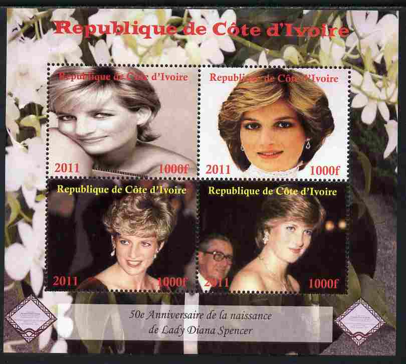 Ivory Coast 2011 50th Birth Anniversary of Princess Diana perf sheetlet containing 4 values unmounted mint. Note this item is privately produced and is offered purely on its thematic appeal, stamps on diana, stamps on royalty