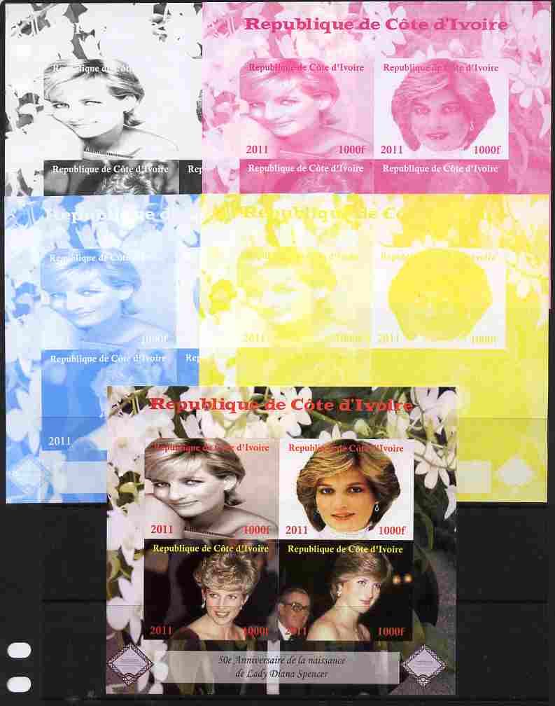 Ivory Coast 2011 50th Birth Anniversary of Princess Diana sheetlet containing 4 values - the set of 5 imperf progressive proofs comprising the 4 individual colours plus a..., stamps on diana, stamps on royalty