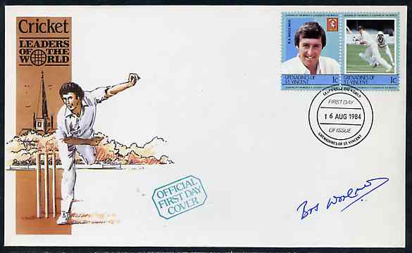 St Vincent - Grenadines 1984 Cricketers #1 R A Woolmer 1c se-tenant pair (SG 291a) on illustrated cover with first day cancel signed by Woolmer, stamps on sport   cricket