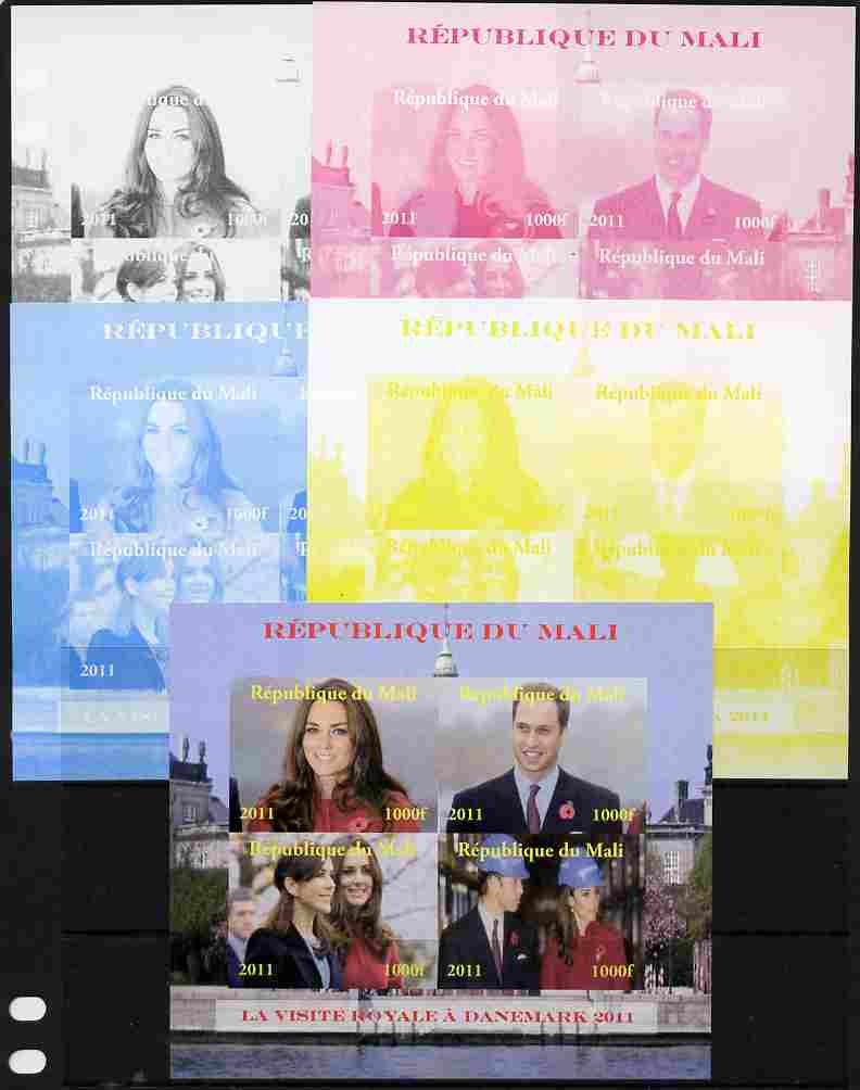 Mali 2011 Royal Visit - William & Kate Visit to Denmark #1 sheetlet containing 4 values - the set of 5 imperf progressive proofs comprising the 4 individual colours plus ..., stamps on royalty, stamps on royal visit, stamps on william, stamps on kate