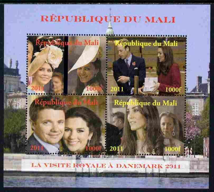 Mali 2011 Royal Visit - William & Kate Visit to Denmark #2 perf sheetlet containing 4 values unmounted mint. Note this item is privately produced and is offered purely on its thematic appeal, it has no postal validity, stamps on , stamps on  stamps on royalty, stamps on  stamps on royal visit, stamps on  stamps on william, stamps on  stamps on kate