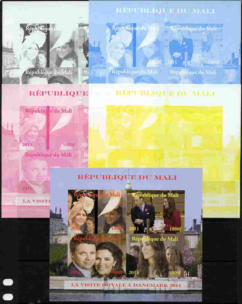 Mali 2011 Royal Visit - William & Kate Visit to Denmark #2 sheetlet containing 4 values - the set of 5 imperf progressive proofs comprising the 4 individual colours plus ..., stamps on royalty, stamps on royal visit, stamps on william, stamps on kate