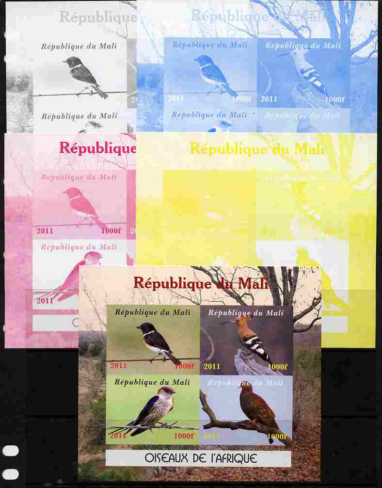 Mali 2011 Birds of Africa sheetlet containing 4 values - the set of 5 imperf progressive proofs comprising the 4 individual colours plus all 4-colour composite, unmounted mint, stamps on birds, stamps on hoopoe