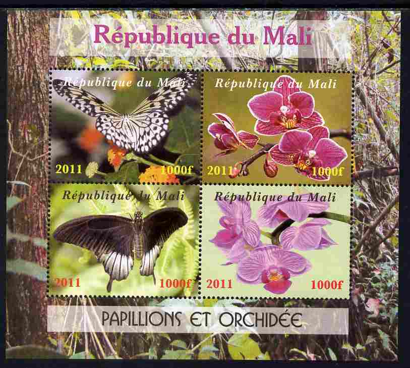 Mali 2011 Butterflies & Orchids perf sheetlet containing 4 values unmounted mint. Note this item is privately produced and is offered purely on its thematic appeal, it has no postal validity, stamps on , stamps on  stamps on butterflies, stamps on  stamps on flowers, stamps on  stamps on orchids