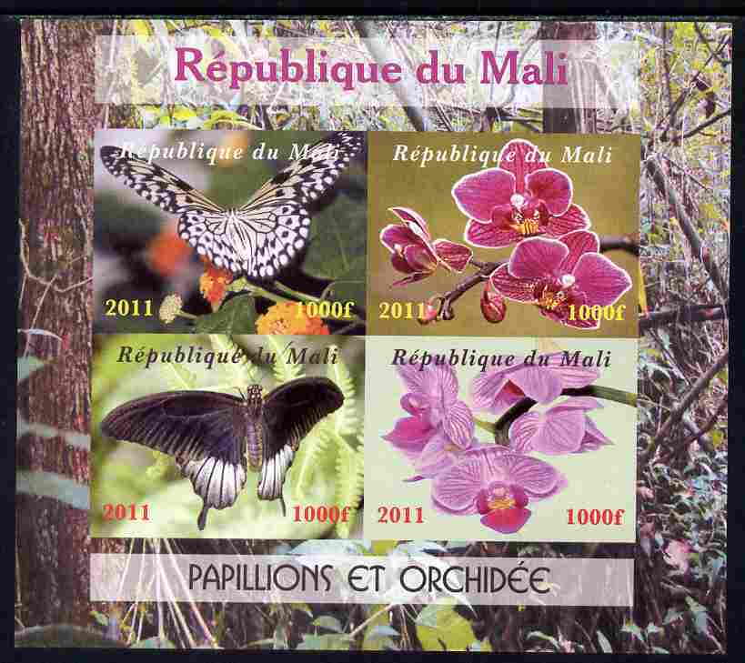 Mali 2011 Butterflies & Orchids imperf sheetlet containing 4 values unmounted mint. Note this item is privately produced and is offered purely on its thematic appeal, it has no postal validity, stamps on butterflies, stamps on flowers, stamps on orchids