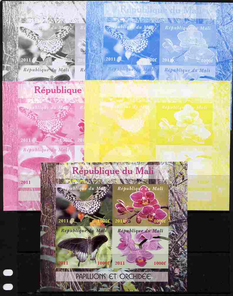 Mali 2011 Butterflies & Orchids sheetlet containing 4 values - the set of 5 imperf progressive proofs comprising the 4 individual colours plus all 4-colour composite, unmounted mint, stamps on butterflies, stamps on flowers, stamps on orchids