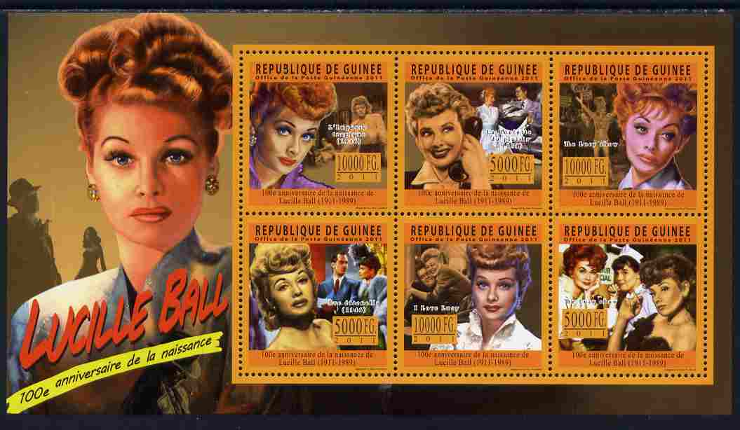 Guinea - Conakry 2011 Birth Centenary of Lucille Ball perf sheetlet containing 6 values unmounted mint Michel 8404-09, stamps on personalities, stamps on films, stamps on cinema, stamps on movies, stamps on women, stamps on  tv , stamps on 