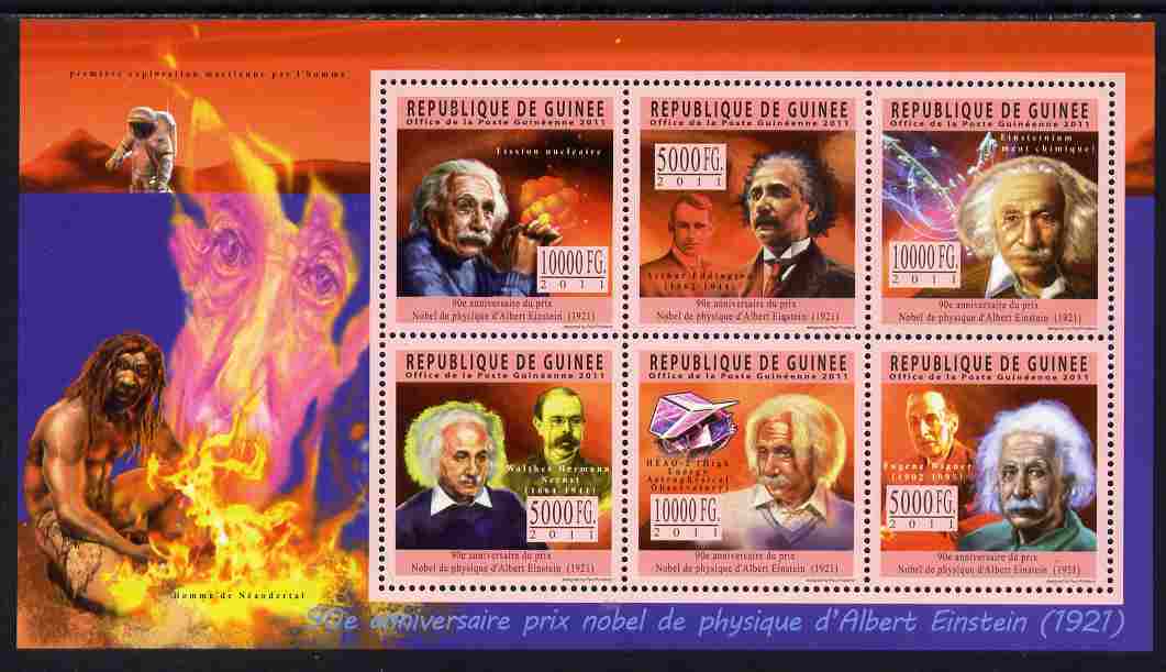 Guinea - Conakry 2011 Albert Einstein - 90th Anniversary of receiving Nobel Prize for Physics perf sheetlet containing 6 values unmounted mint Michel 8439-44, stamps on personalities, stamps on einstein, stamps on science, stamps on physics, stamps on nobel, stamps on maths, stamps on space, stamps on judaica, stamps on atomics, stamps on mathematics, stamps on judaism