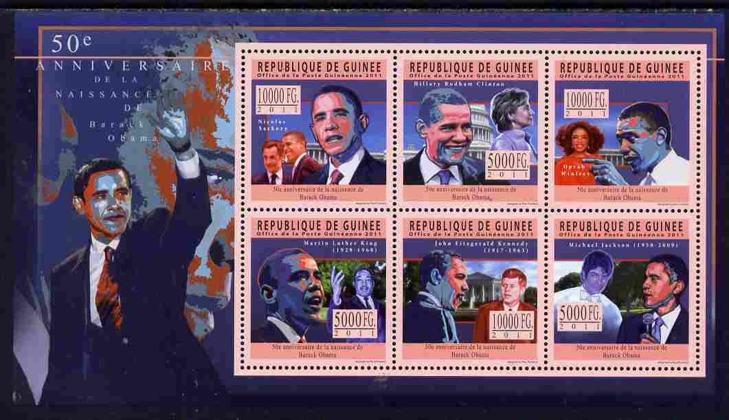 Guinea - Conakry 2011 50th Birth Anniversary of Barack Obama perf sheetlet containing 6 values unmounted mint Michel 8488-93, stamps on personalities, stamps on nobel, stamps on peace, stamps on usa presidents, stamps on american, stamps on masonics, stamps on masonry, stamps on obama, stamps on scouts, stamps on jackson, stamps on kennedy, stamps on 