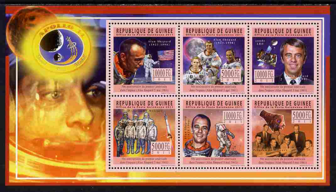 Guinea - Conakry 2011 50th Anniversary of First American in Space perf sheetlet containing 6 values unmounted mint Michel 8446-51, stamps on , stamps on  stamps on personalities, stamps on  stamps on space, stamps on  stamps on americana, stamps on  stamps on apollo, stamps on  stamps on satellites