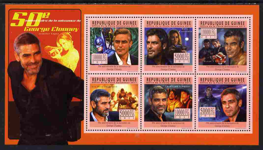 Guinea - Conakry 2011 50th Birth Anniversary of George Clooney perf sheetlet containing 6 values unmounted mint Michel 8481-86, stamps on , stamps on  stamps on personalities, stamps on  stamps on films, stamps on  stamps on cinema, stamps on  stamps on movies, stamps on  stamps on 