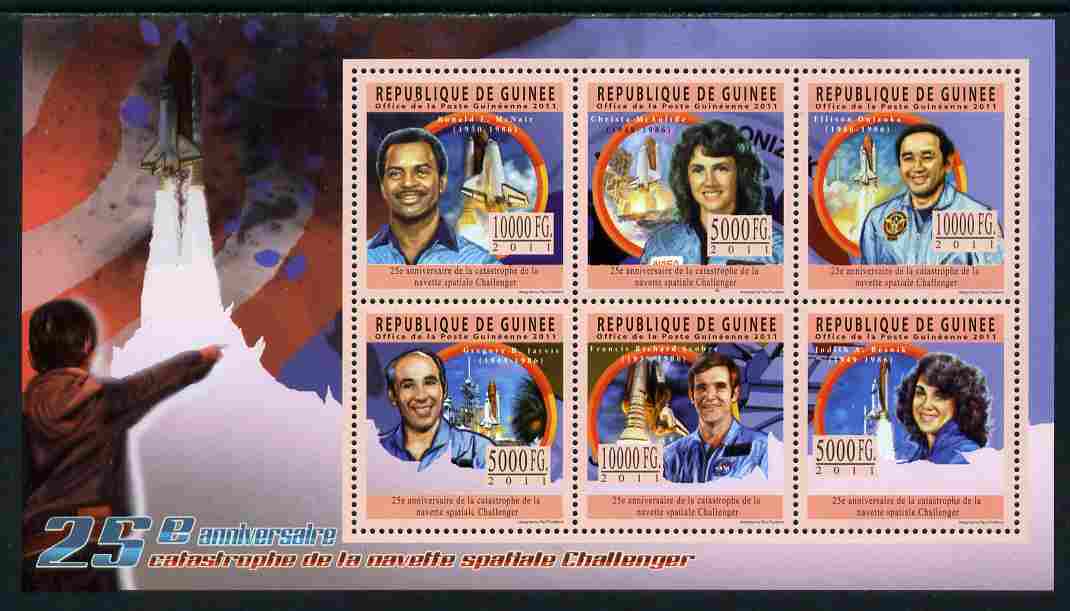 Guinea - Conakry 2011 25th Anniversary of Challenger Space Shuttle Disaster perf sheetlet containing 6 values unmounted mint Michel 8495-8500, stamps on space, stamps on shuttle, stamps on disasters, stamps on americana, stamps on rockets